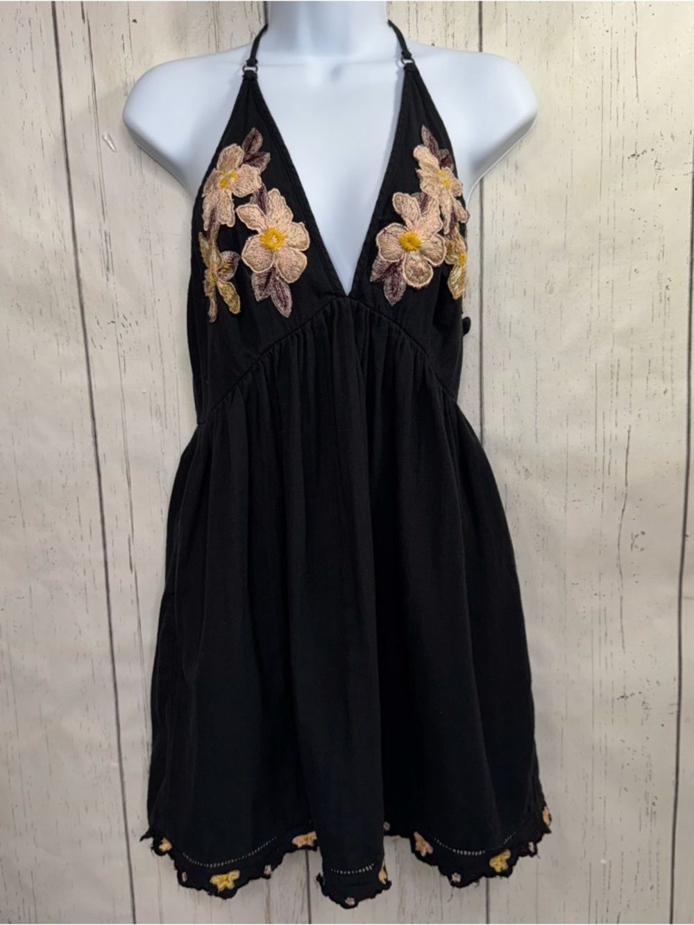 Free People Black Halter Embroidered Mini Dress Boho Festival Grunge Y2K Fairy
